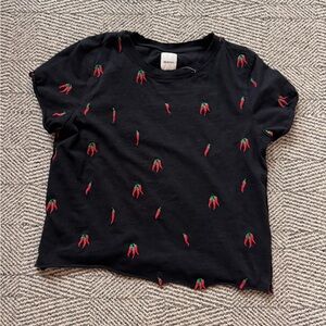 Anthropologie Maeve  Black Tee with Red and Green Embroidered Chili Peppers